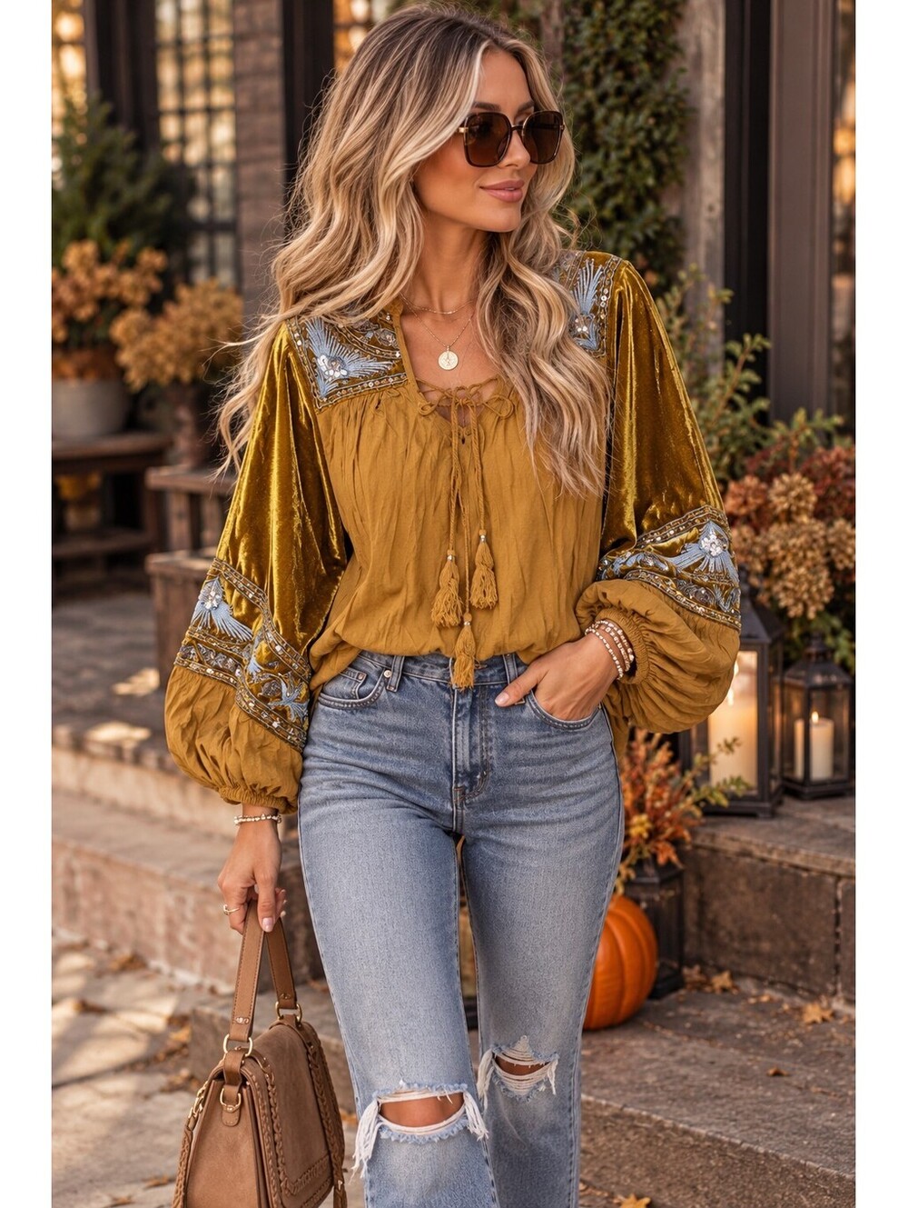Free People Gold Velvet Embroidered Sequin Balloon Sleeve Boho Top S